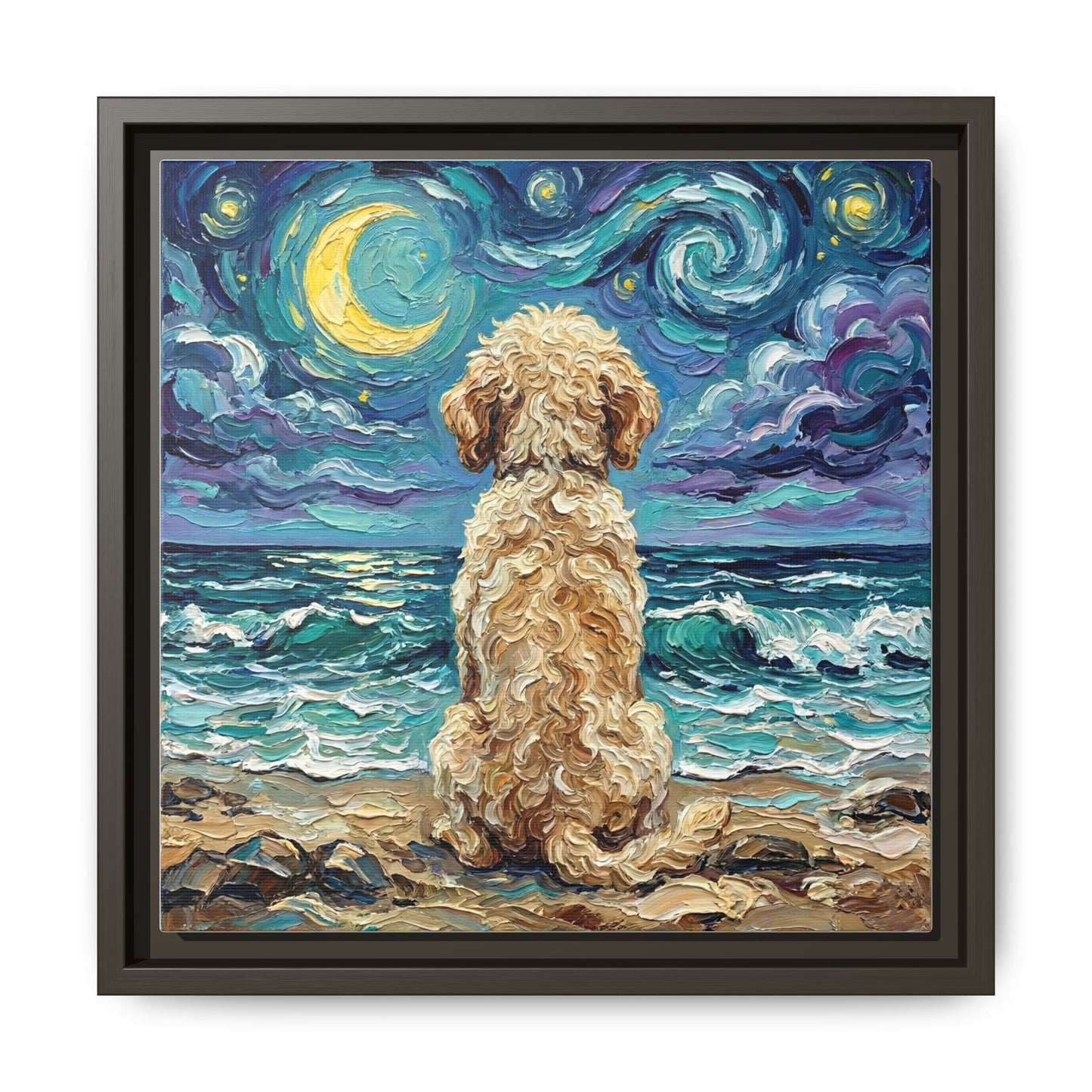 "Beach Nights - Goldendoodle" Framed Canvas Wall Art