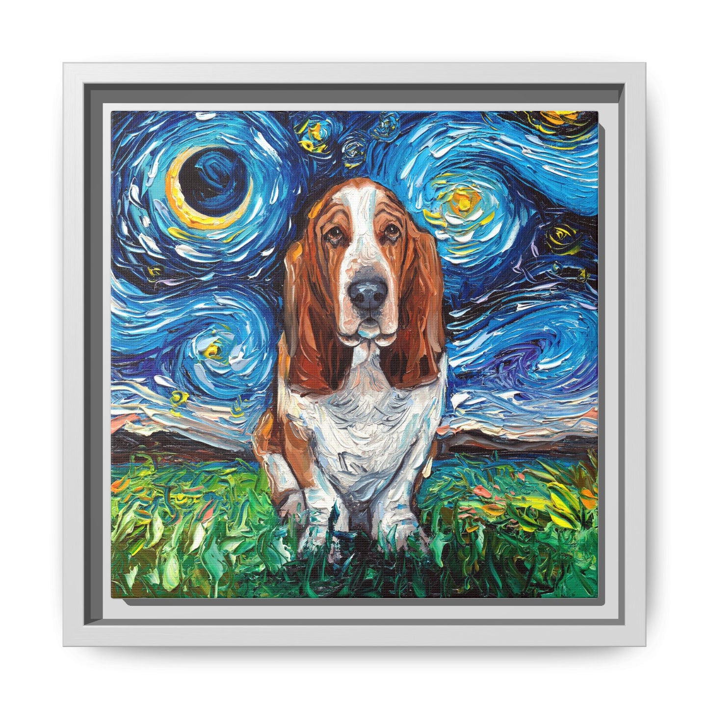 "Basset Hound Night" Framed Canvas Wall Art