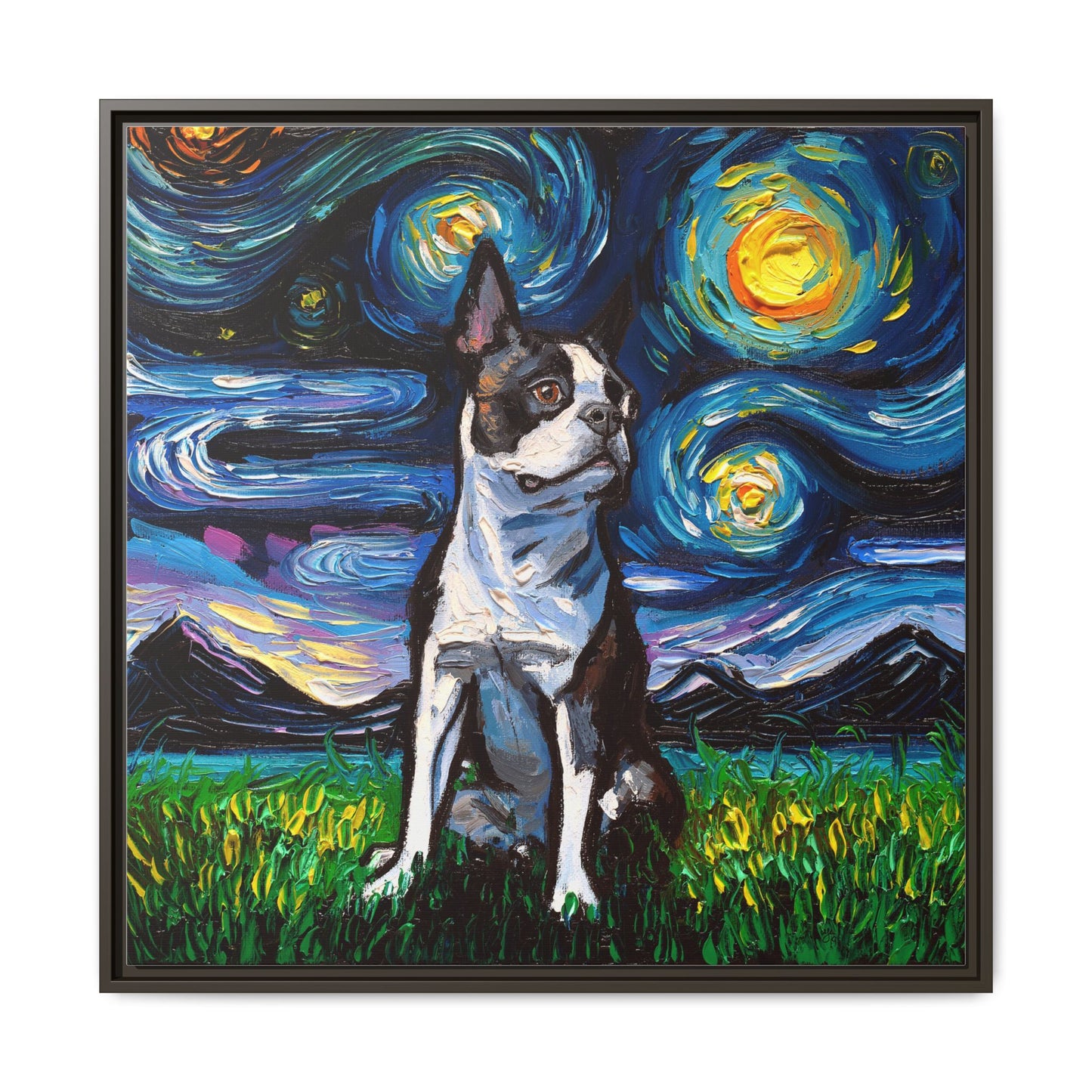 "Boston Terrier Night" Framed Canvas Wall Art
