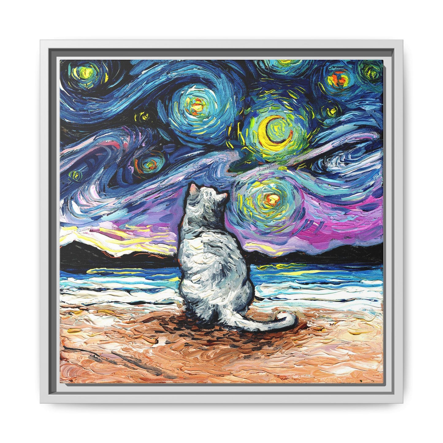 "White Cat Night 2" Framed Canvas Wall Art