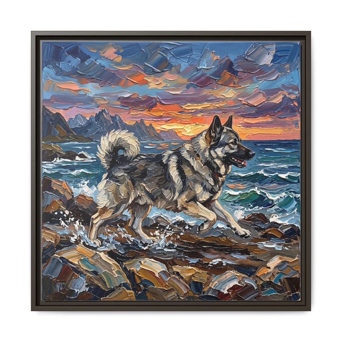 "Beach Days - Norwegian Elkhound" Framed Canvas Wall Art