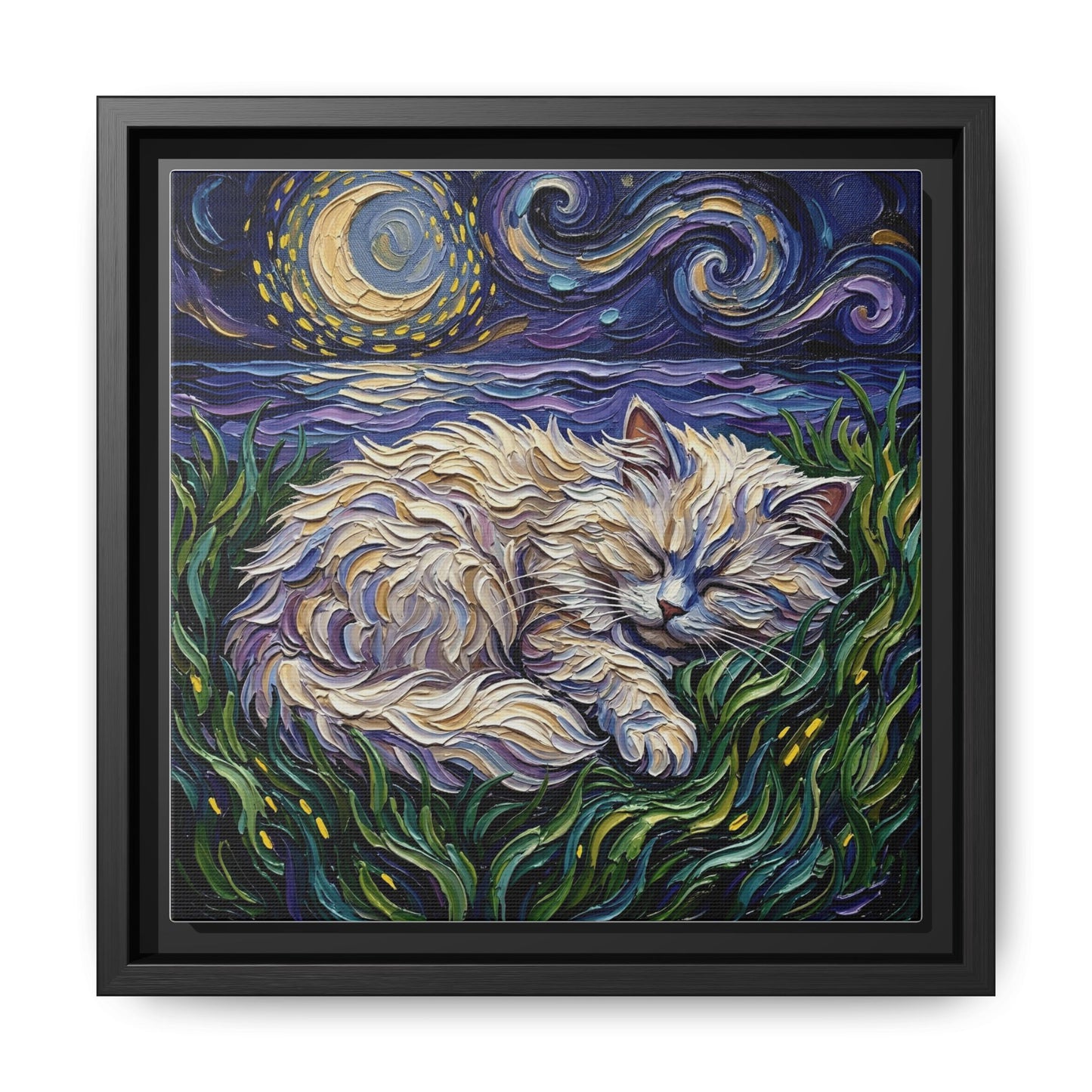 "Sleepy White Persian Night" Framed Canvas Wall Art