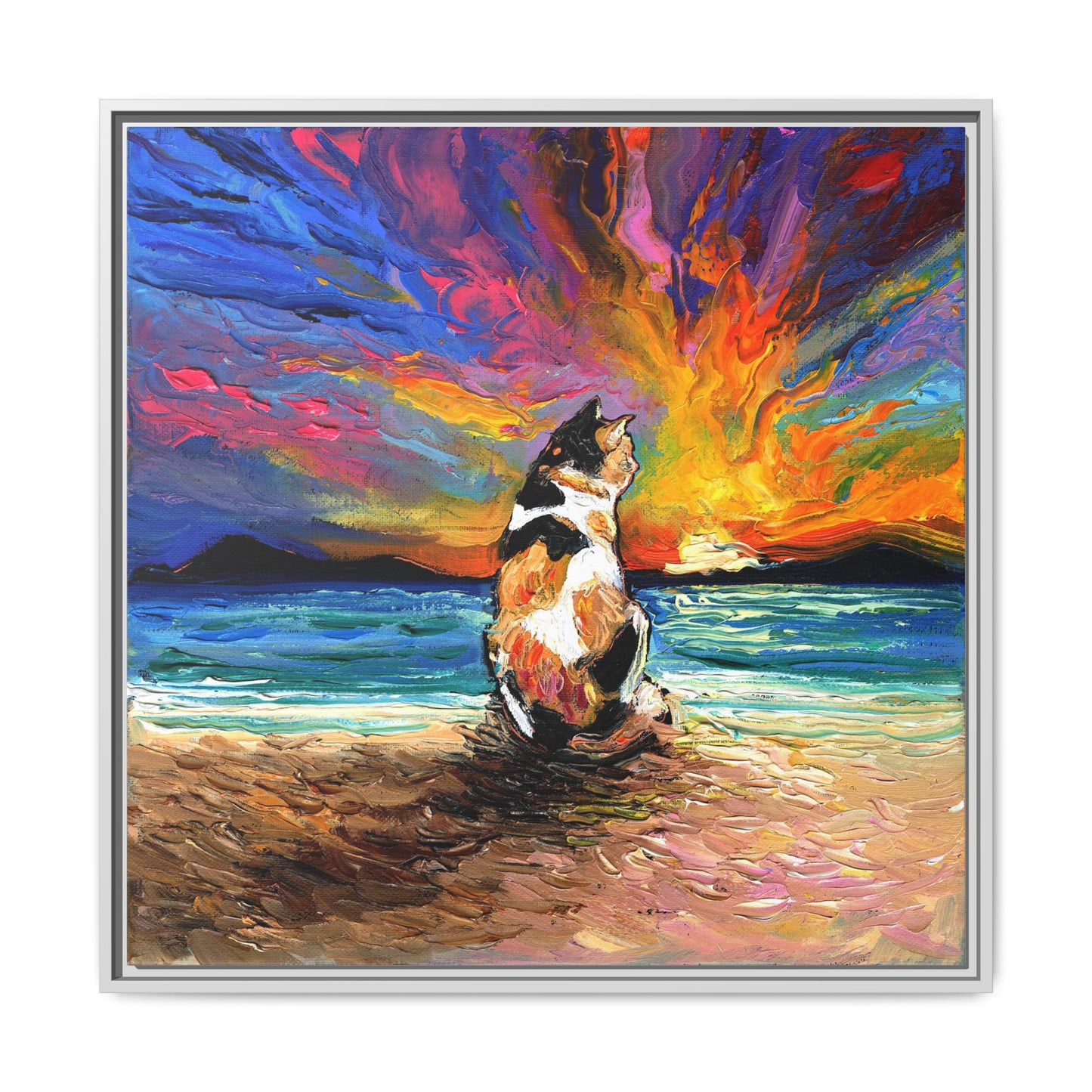 "Beach Day - Calico Cat" Framed Canvas Wall Art