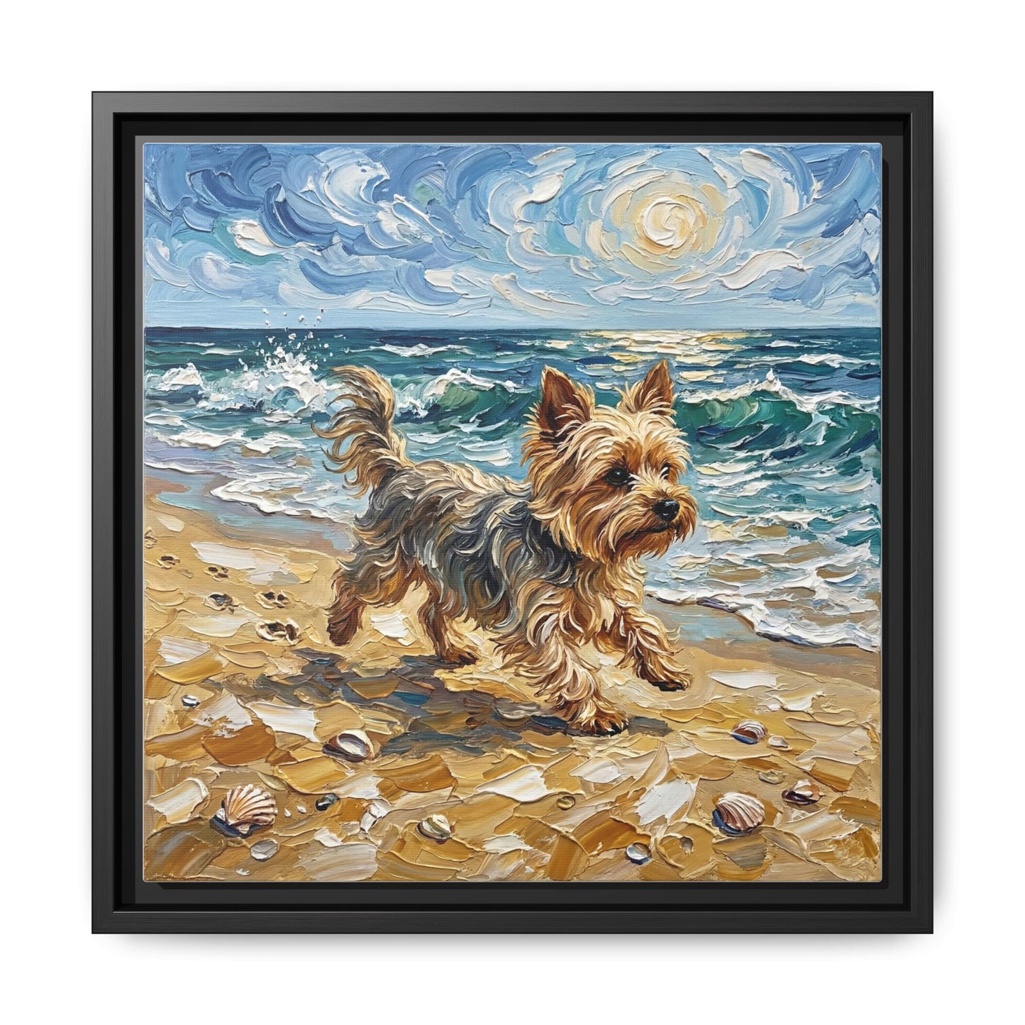 "Beach Day - Yorkie" Framed Canvas Wall Art