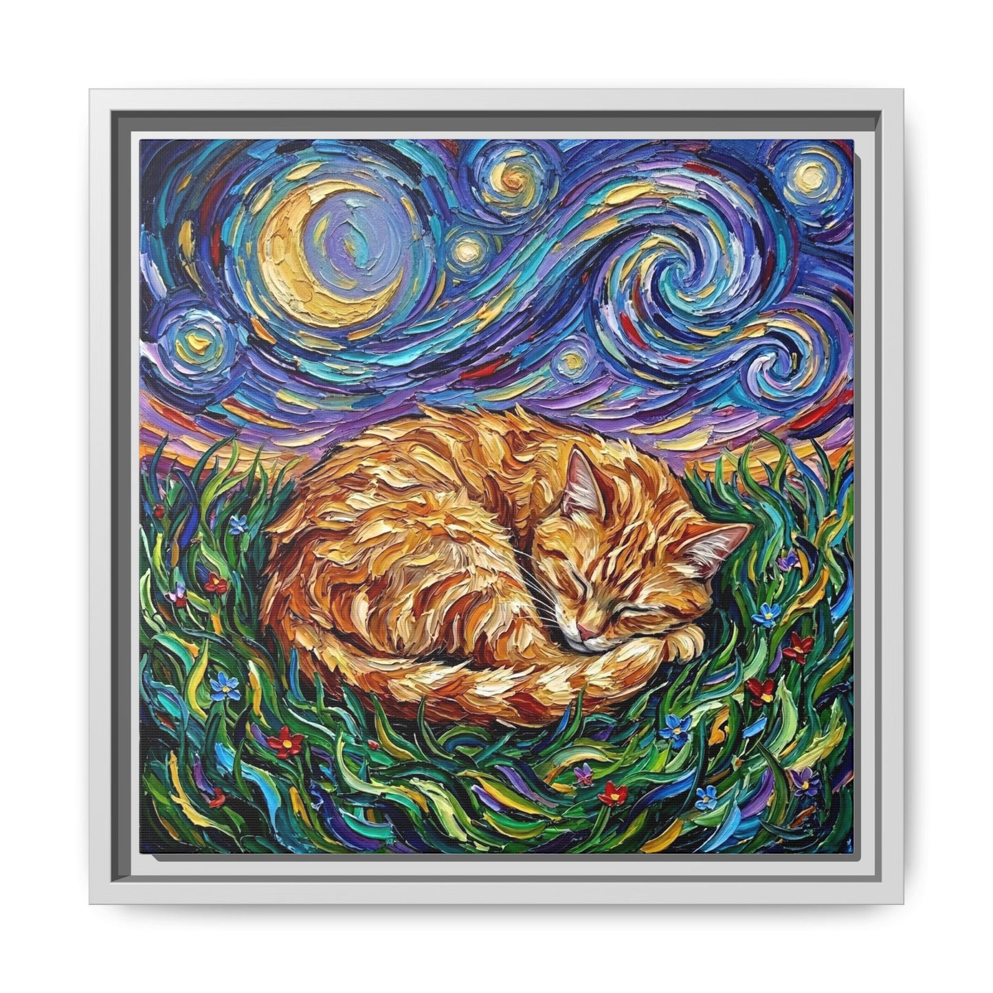 "Sleepy Orange Tabby Night" Framed Canvas Wall Art
