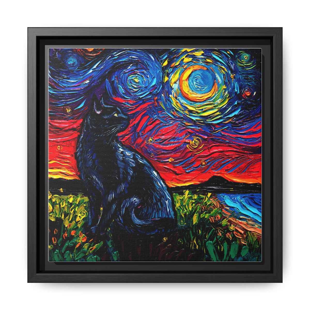 "Black Cat Night" Framed Canvas Wall Art
