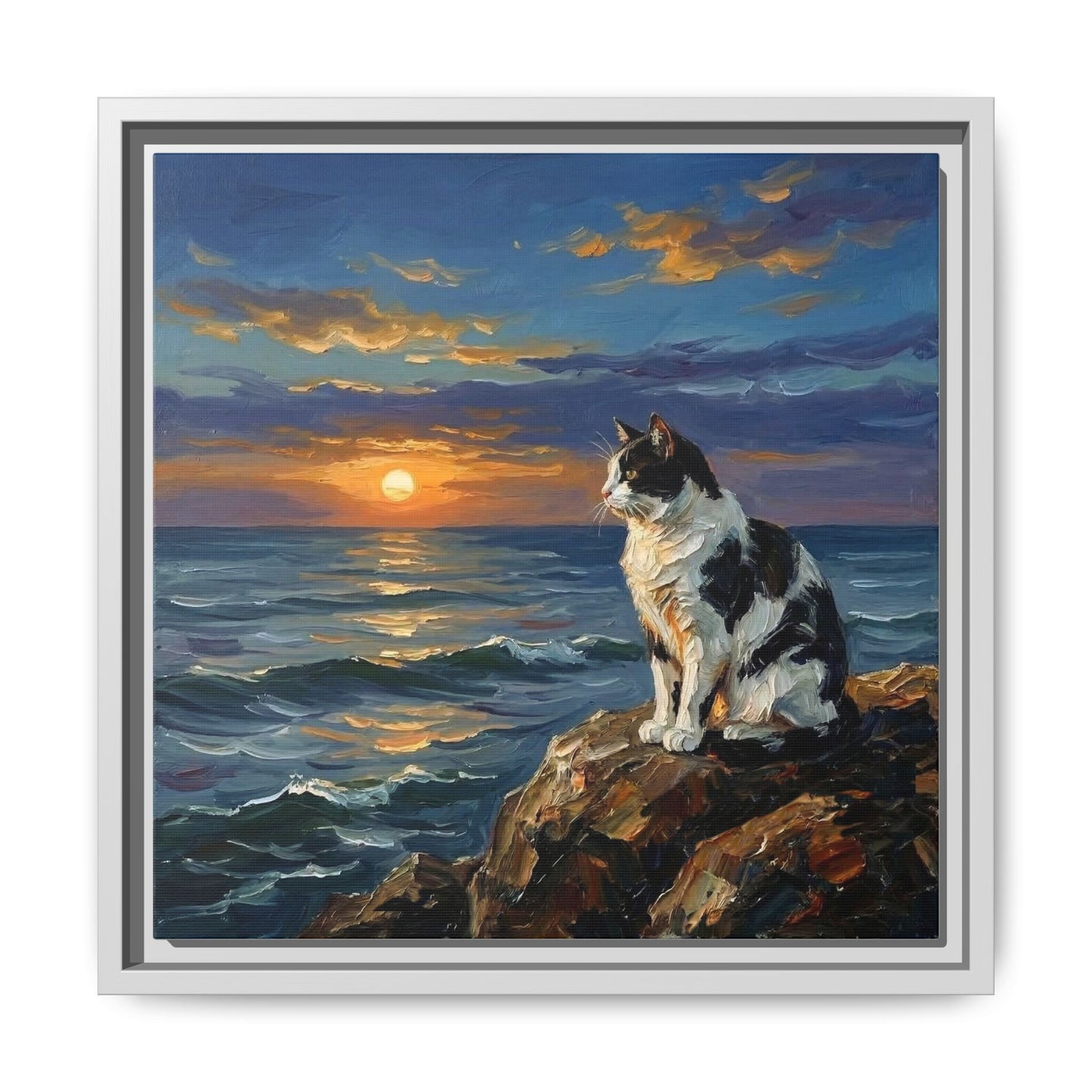 "Beach Day - Magpie Cat" Framed Canvas Wall Art