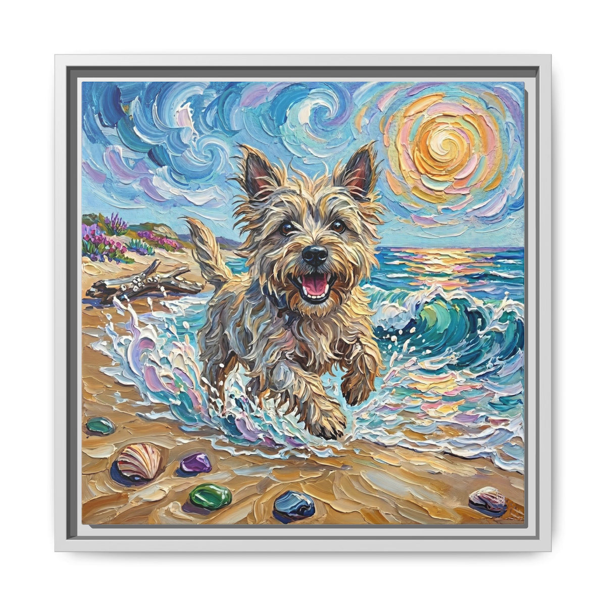 "Beach Days - Cairn Terrier" Framed Canvas Wall Art