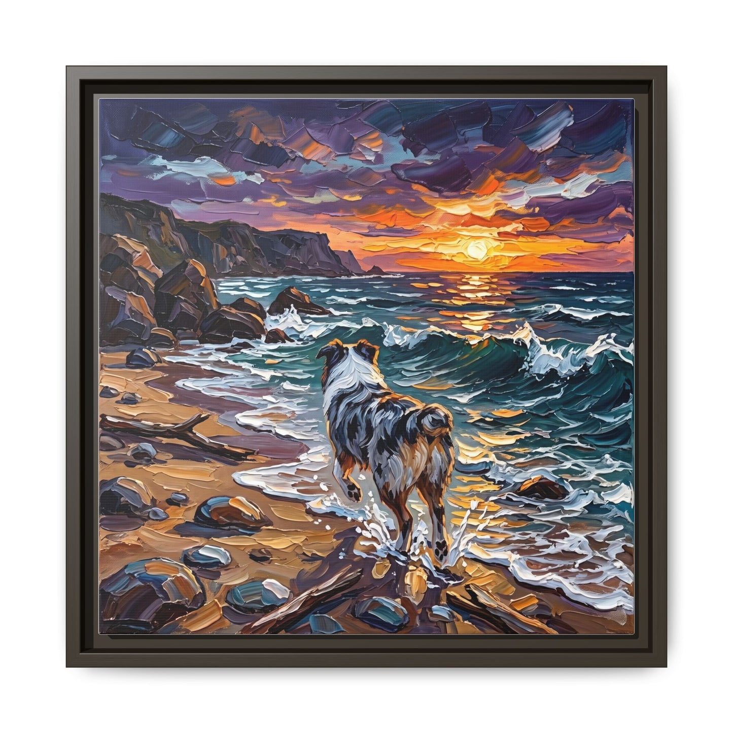"Beach Day - Merle Aussie Shepherd" Framed Canvas Wall Art