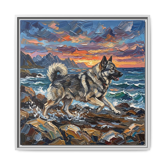 "Beach Days - Norwegian Elkhound" Framed Canvas Wall Art