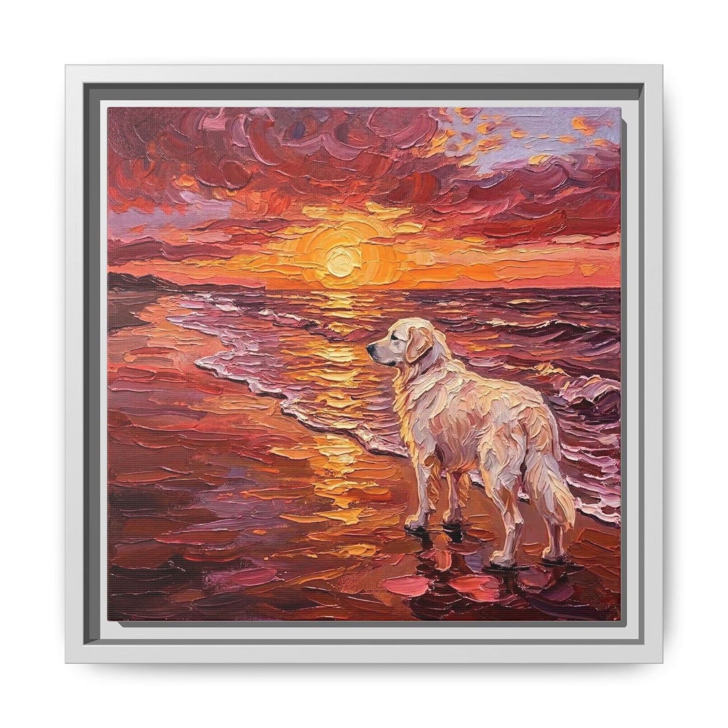 "Beach Day - Great Pyrenees" Framed Canvas Wall Art
