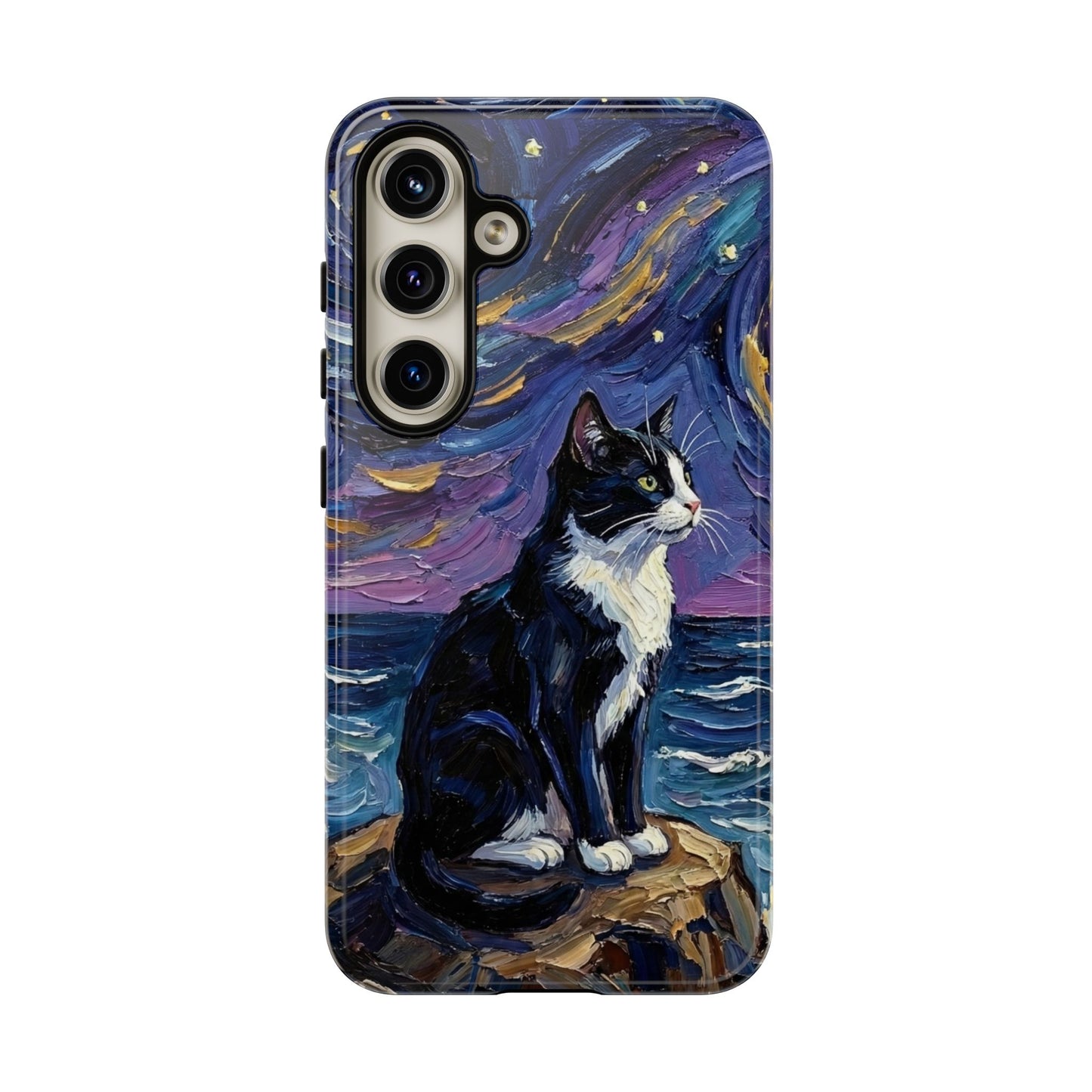 Tuxedo Cat Coastal Starry Night Art Phone Case