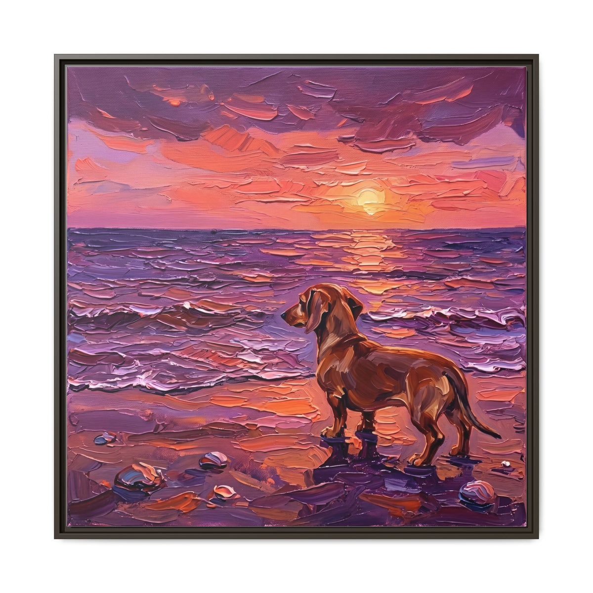 "Beach Day - Brown Dachshund" Framed Canvas Wall Art