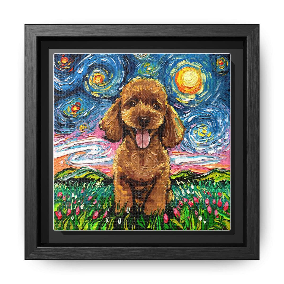 "Apricot Poodle Puppy Night" Framed Canvas Wall Art