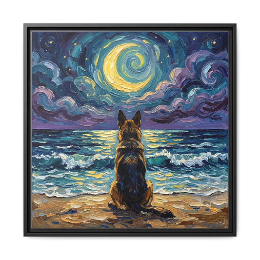 "Beach Night - German Shepherd" Framed Canvas Wall Art