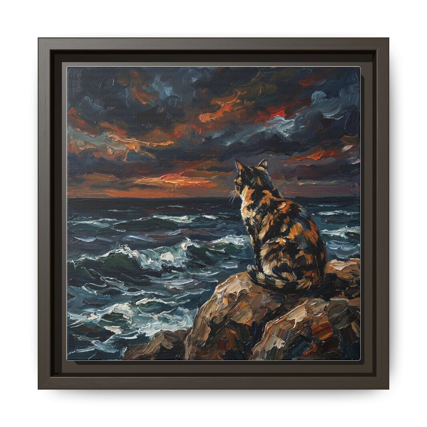 "Beach Night - Tortie Cat" Framed Canvas Wall Art
