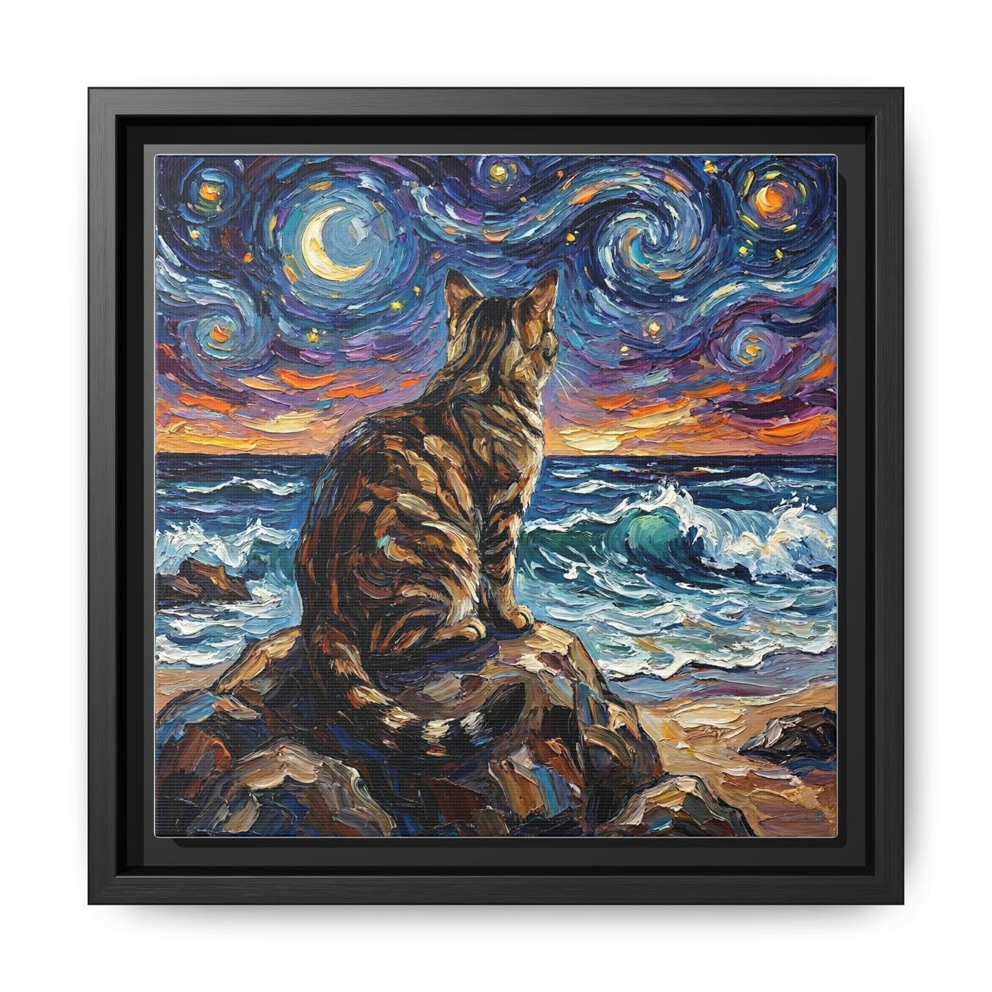 "Beach Night - Brown Tabby" Framed Canvas Wall Art