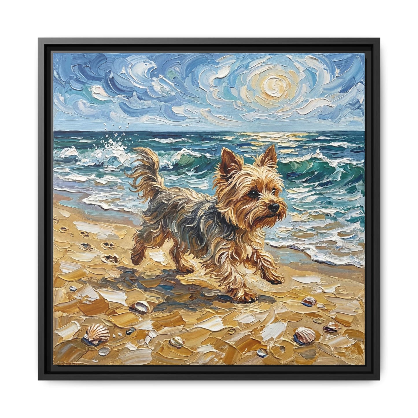 "Beach Day - Yorkie" Framed Canvas Wall Art