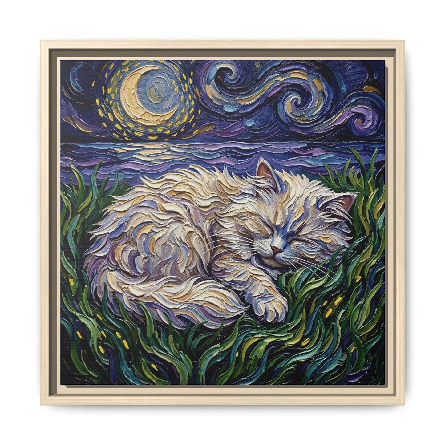 "Sleepy White Persian Night" Framed Canvas Wall Art