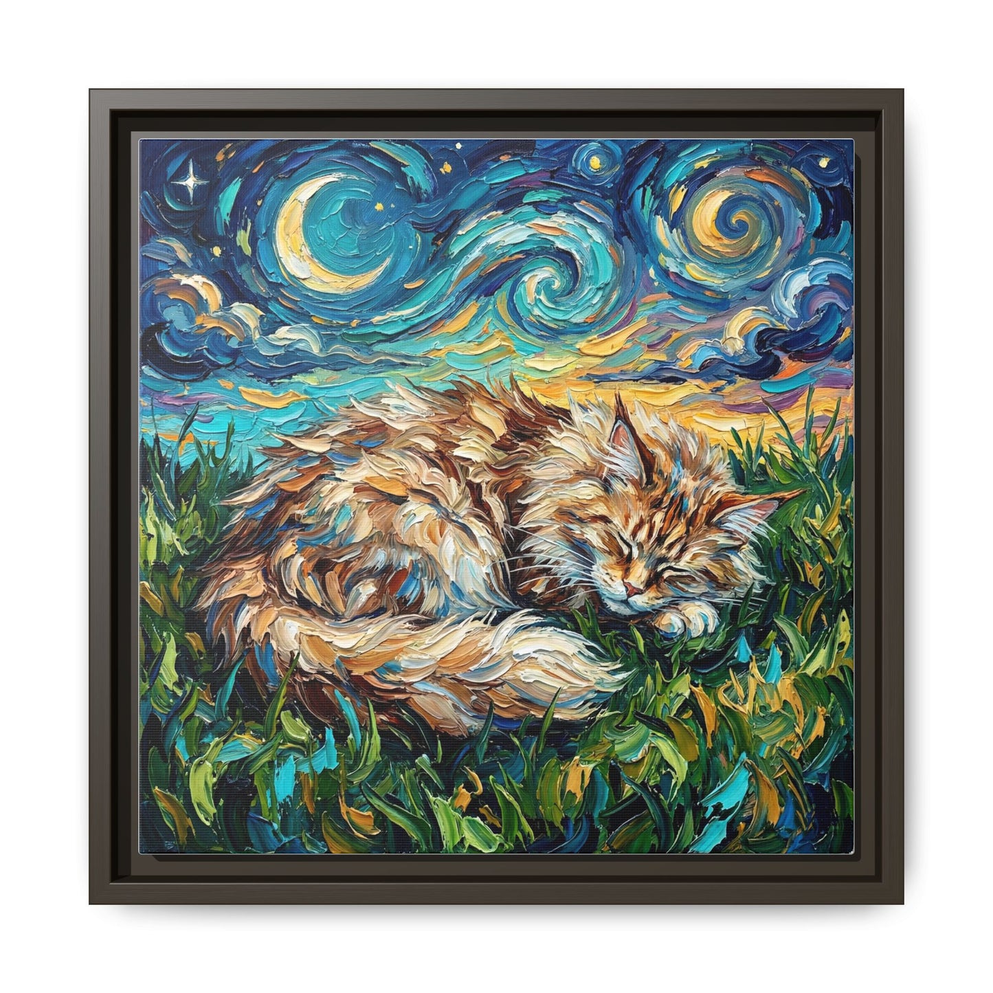 "Sleepy Maine Coon Night" Framed Canvas Wall Art