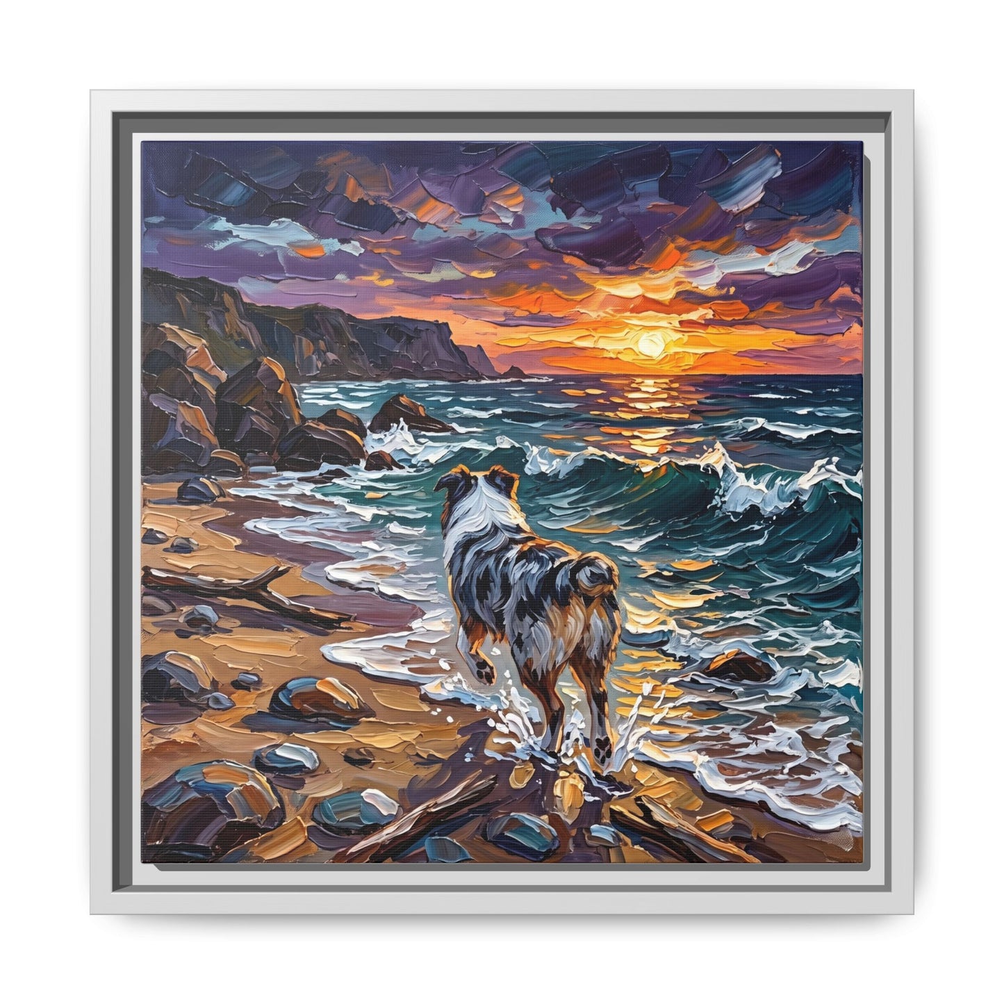 "Beach Day - Merle Aussie Shepherd" Framed Canvas Wall Art