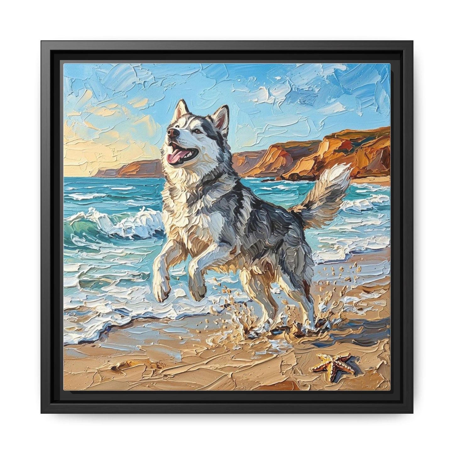 "Beach Day - Husky" Framed Canvas Wall Art