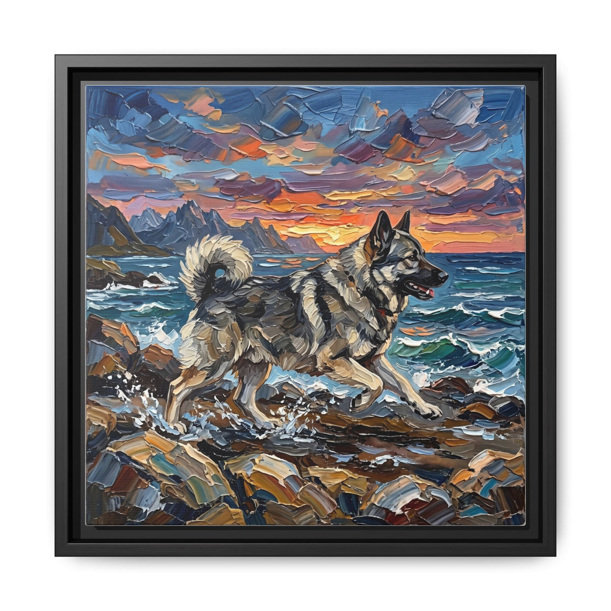 "Beach Days - Norwegian Elkhound" Framed Canvas Wall Art