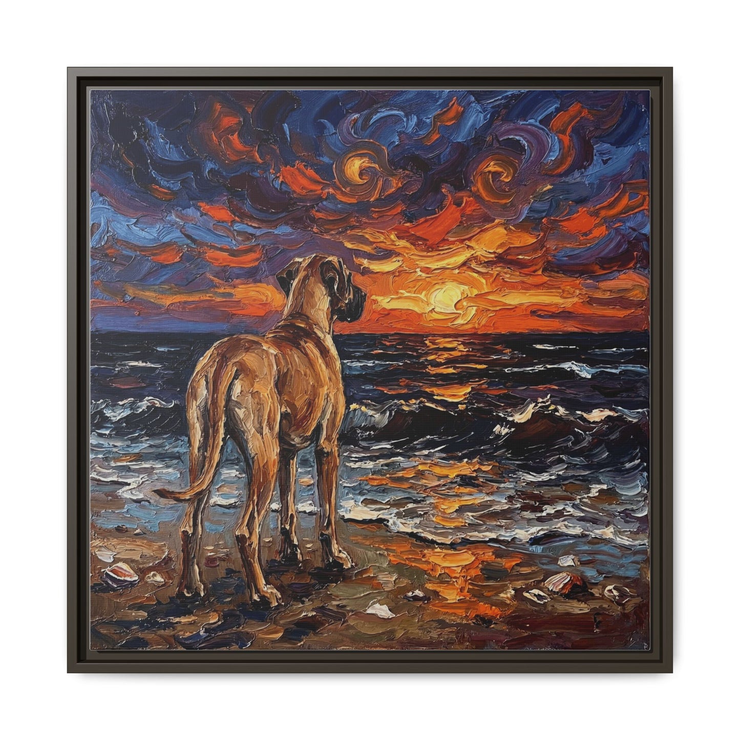 "Beach Sunset - Fawn Great Dane" Framed Canvas Wall Art