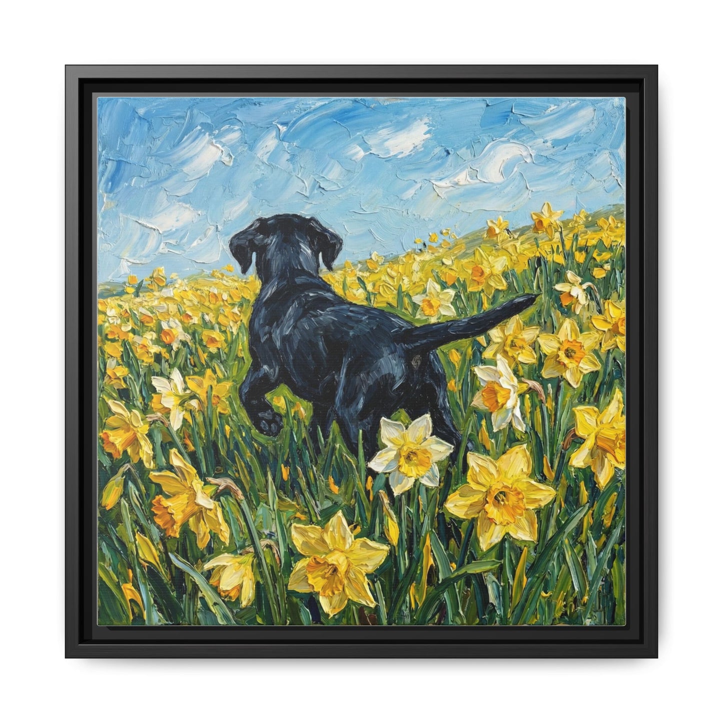 "Amongst The Flowers - Black Labrador" Framed Canvas Wall Art