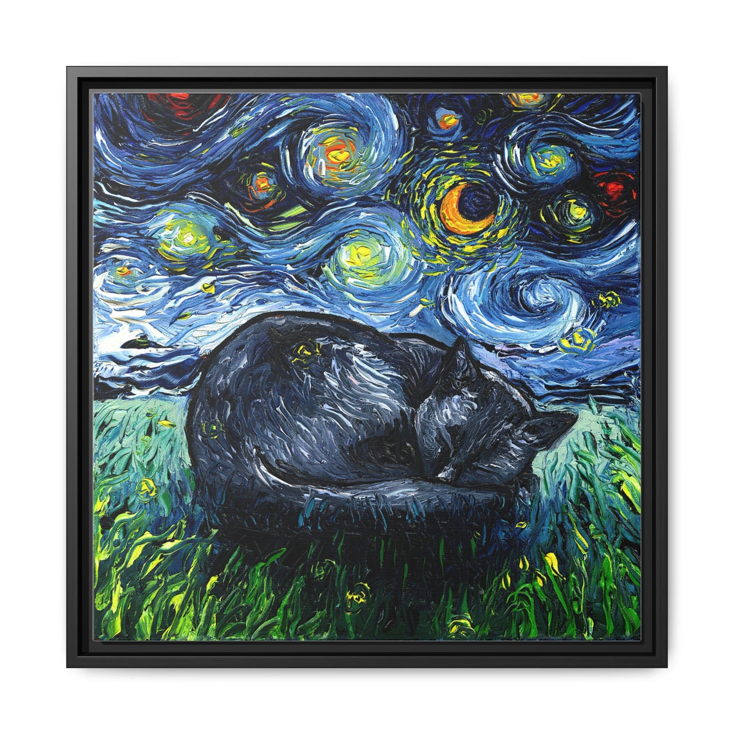 "Sleepy Black Cat Night" Framed Canvas Wall Art
