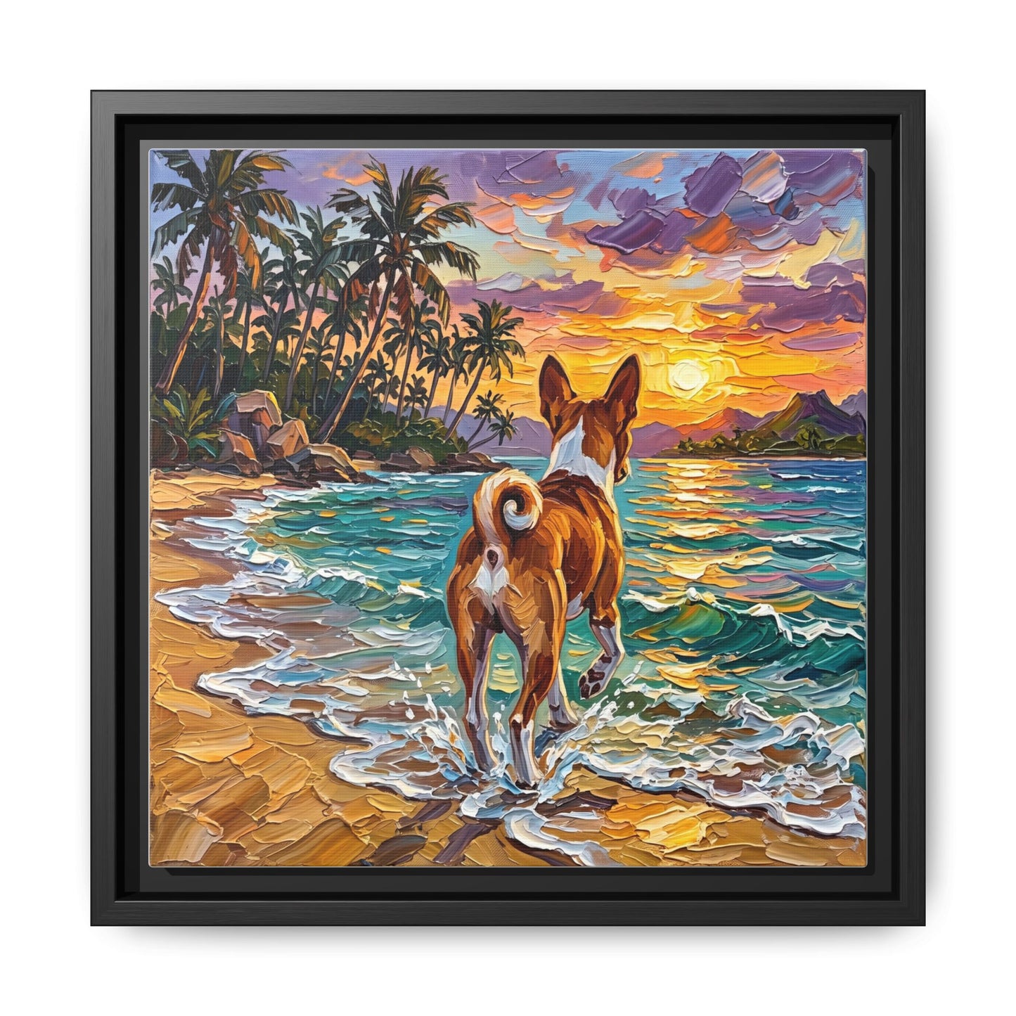 "Beach Day - Basenji" Framed Canvas Wall Art