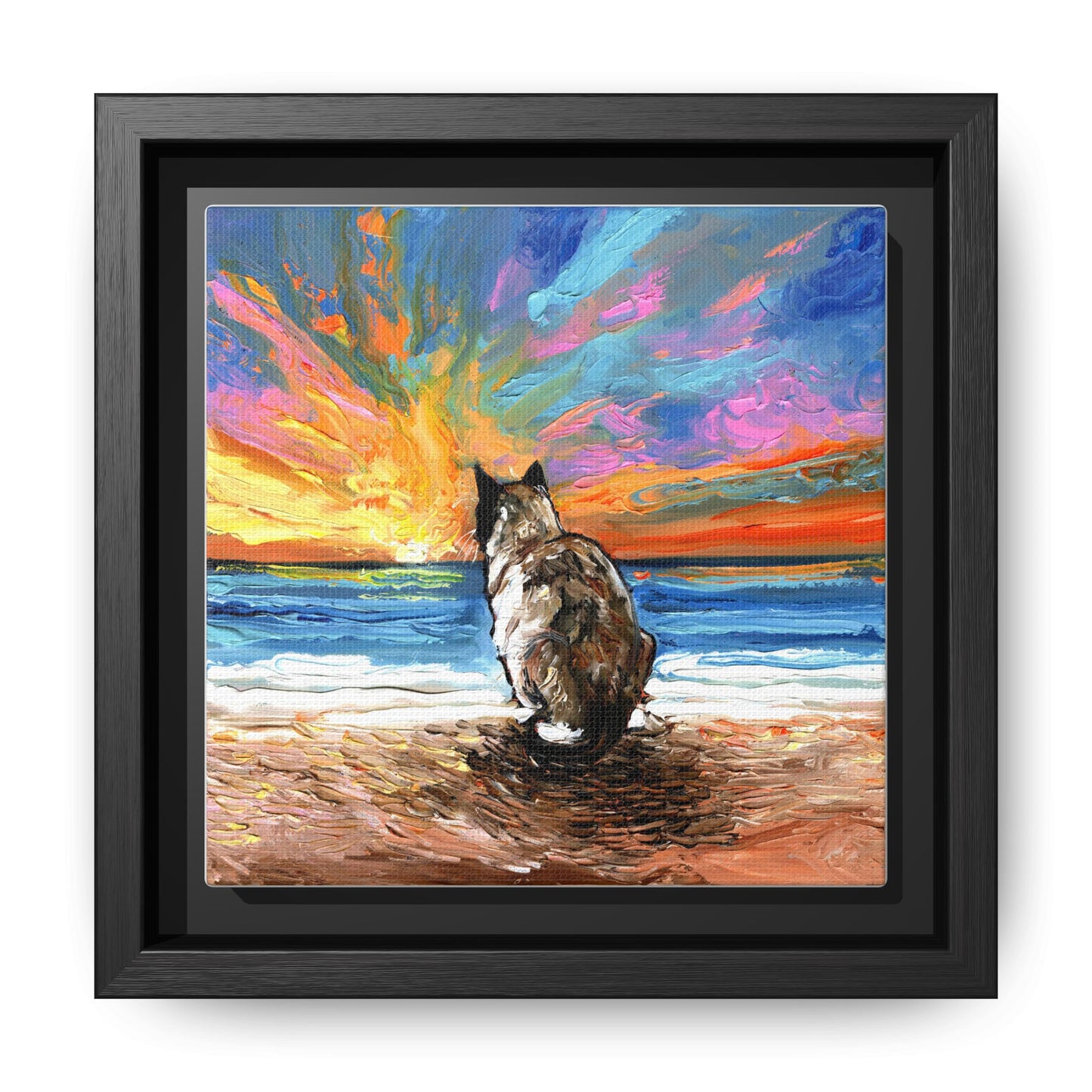 "Beach Day - Snowshoe Cat" Framed Canvas Wall Art