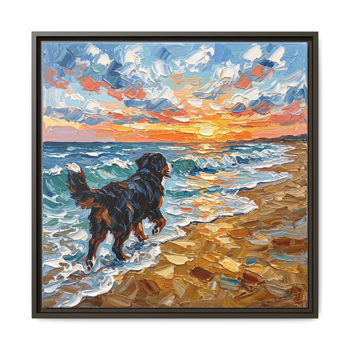 "Beach Day - Frolicking Bernese Mountain Dog" Framed Canvas Wall Art