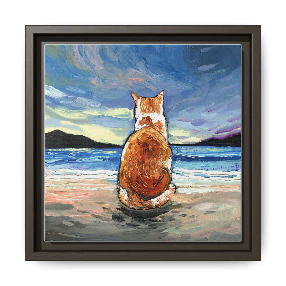 "Beach Day - Orange and White Tabby Cat" Framed Canvas Wall Art
