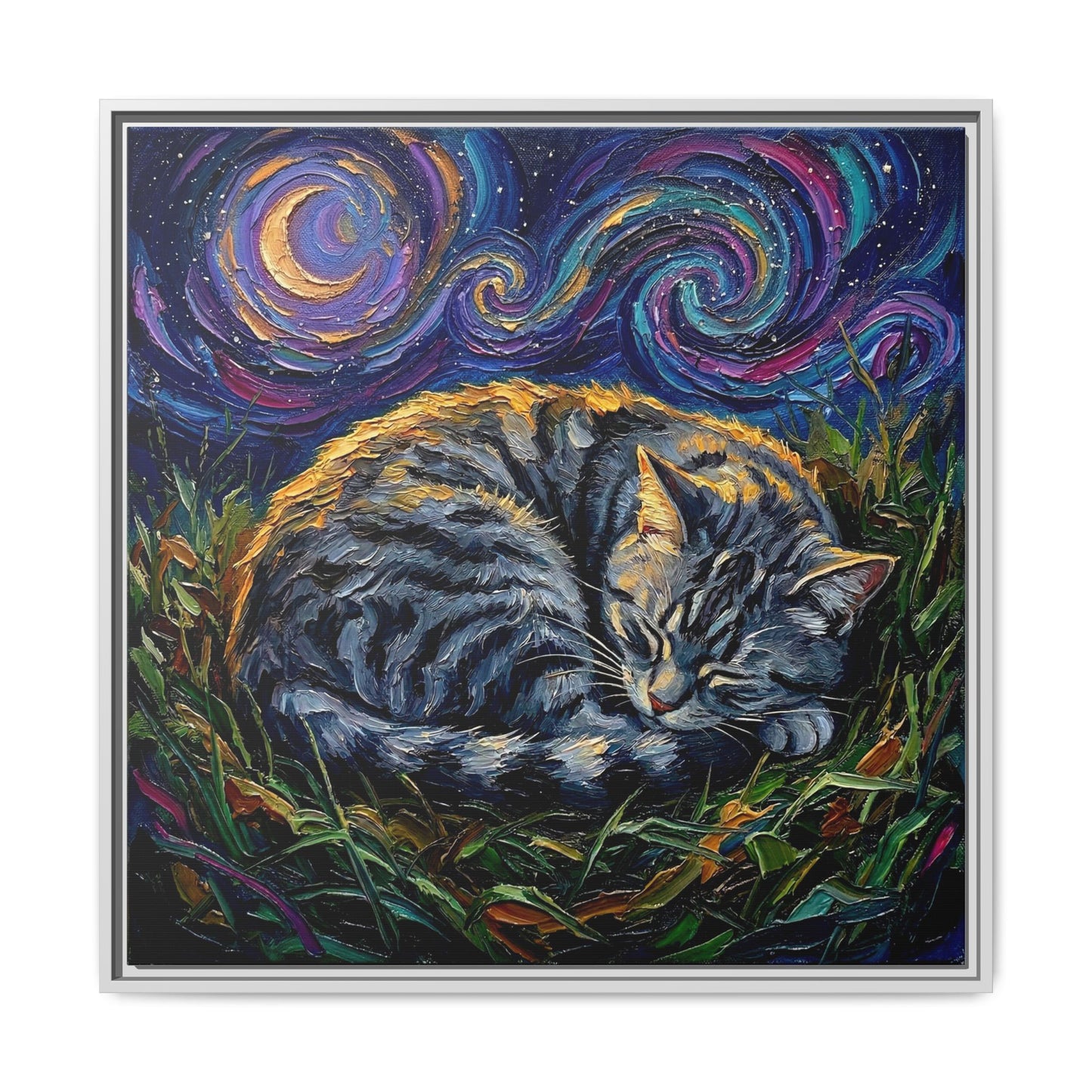 "Sleepy American Shorthair Tabby Night" Framed Canvas Wall Art