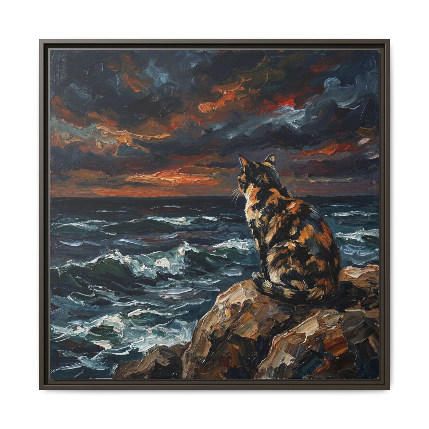 "Beach Night - Tortie Cat" Framed Canvas Wall Art