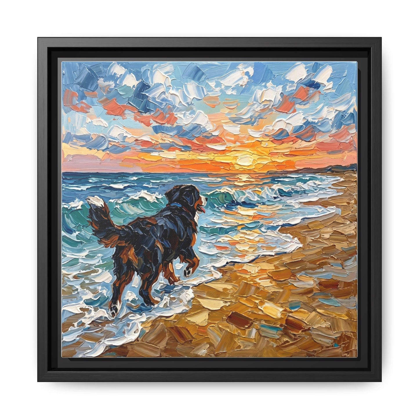 "Beach Day - Frolicking Bernese Mountain Dog" Framed Canvas Wall Art