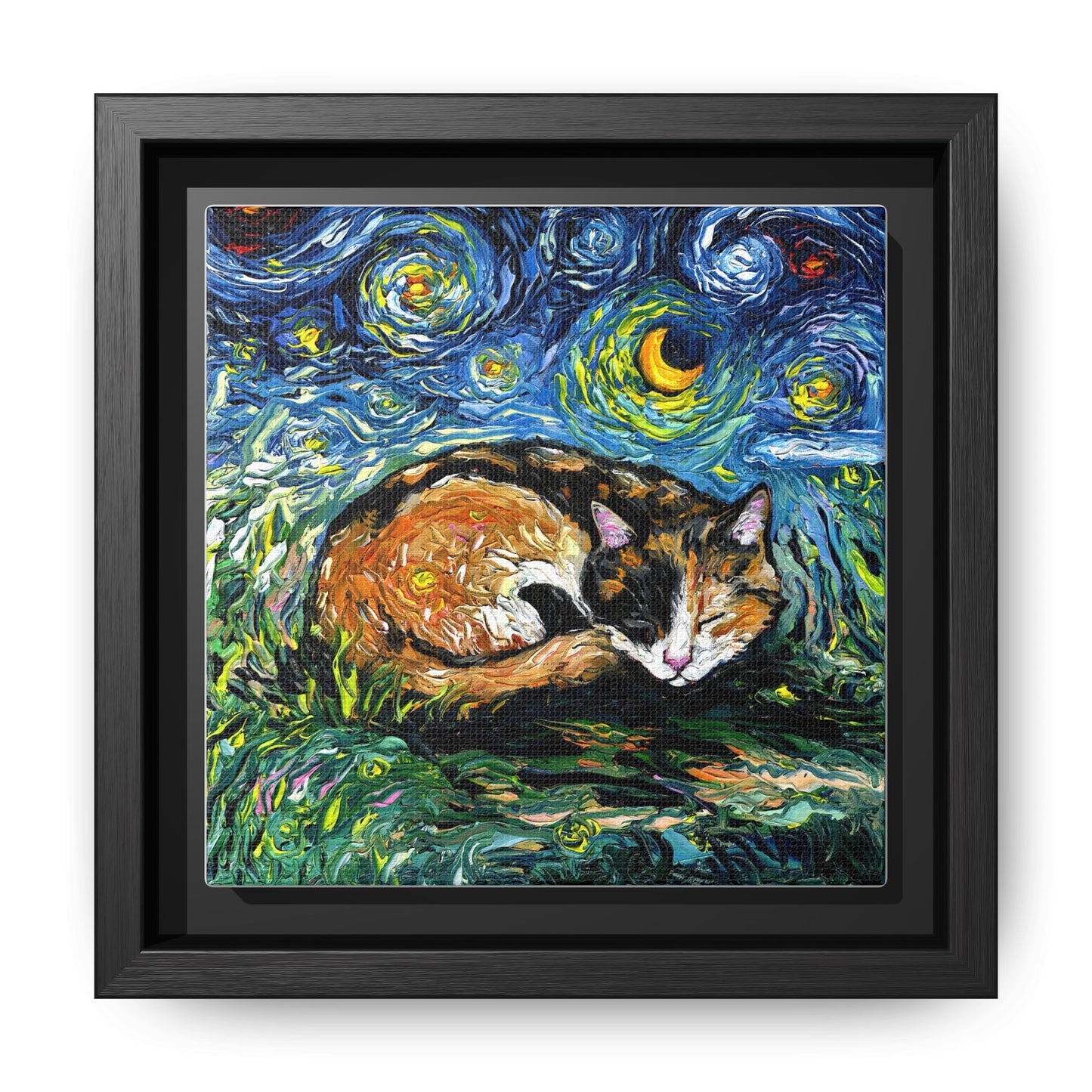"Sleepy Calico Night" Framed Canvas Wall Art