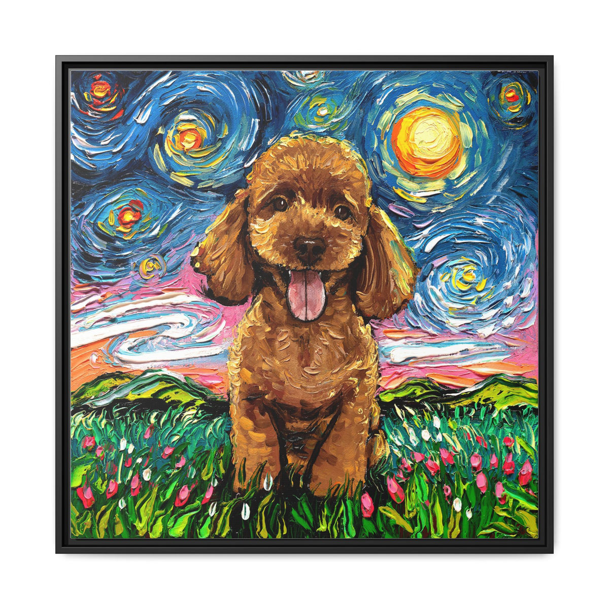 "Apricot Poodle Puppy Night" Framed Canvas Wall Art