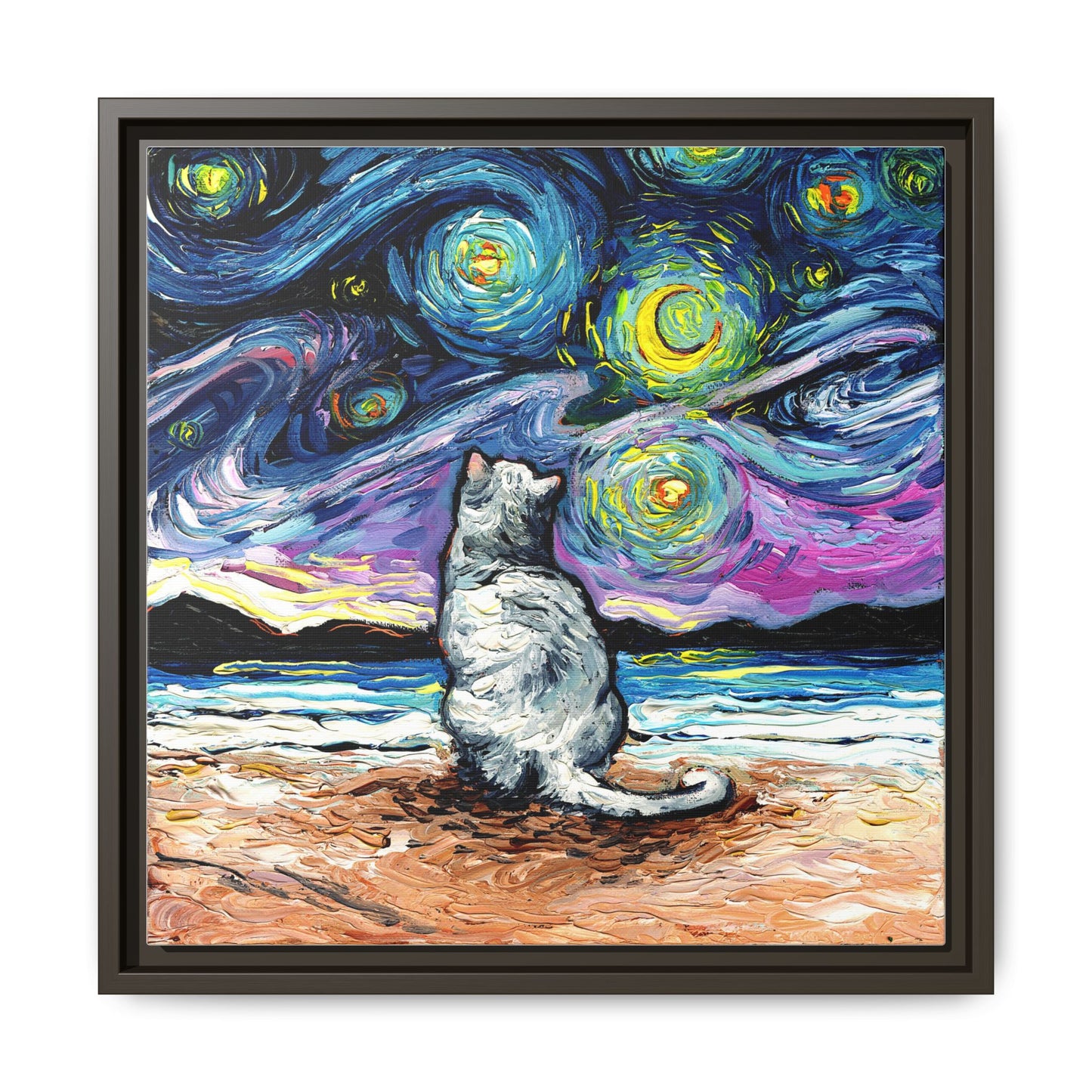 "White Cat Night 2" Framed Canvas Wall Art