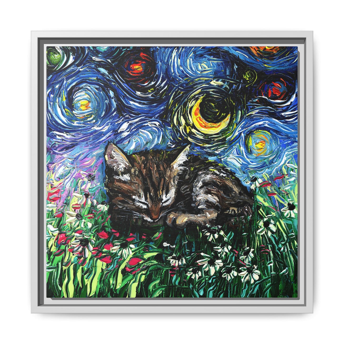 "Sleepy Tabby Kitten Night" Framed Canvas Wall Art