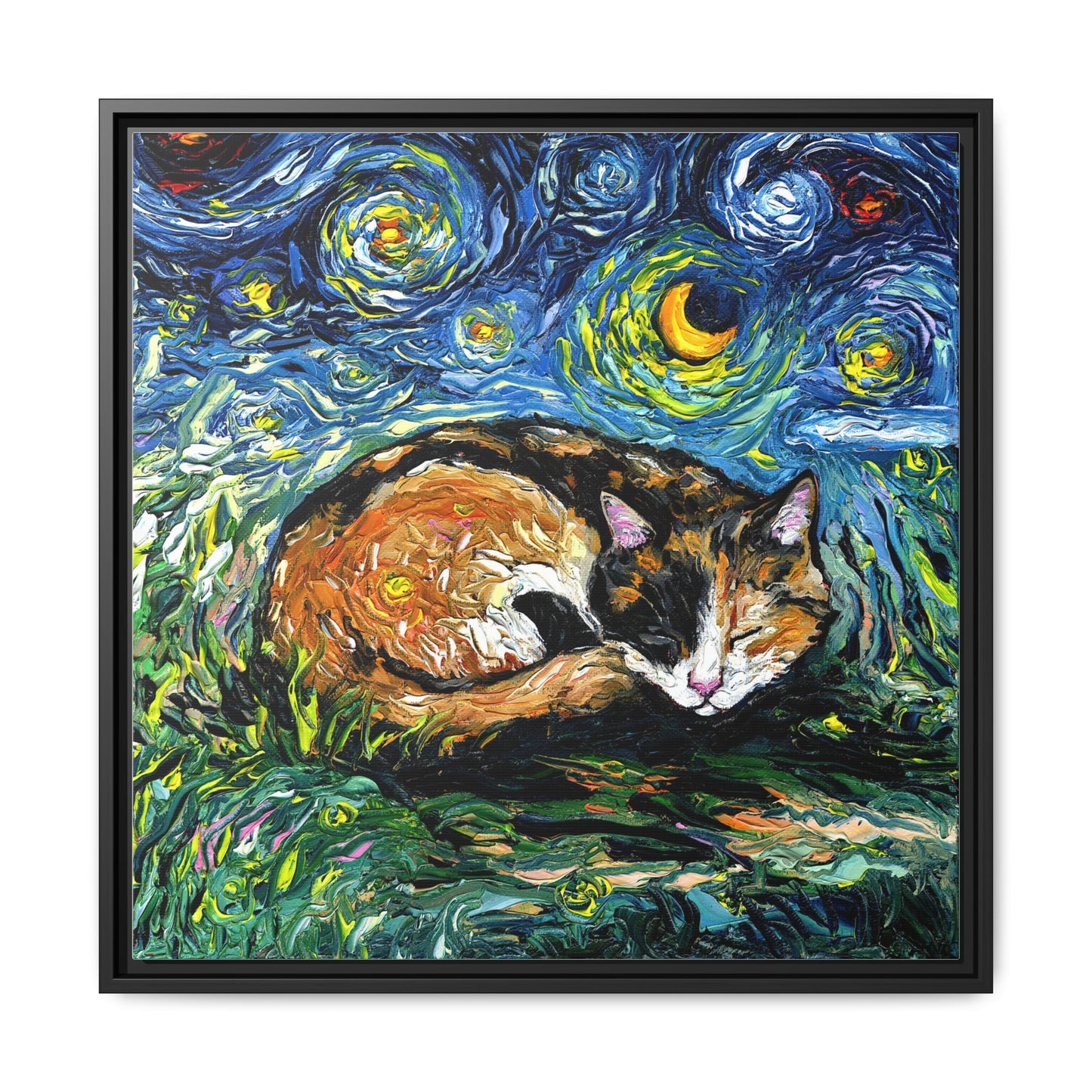 "Sleepy Calico Night" Framed Canvas Wall Art