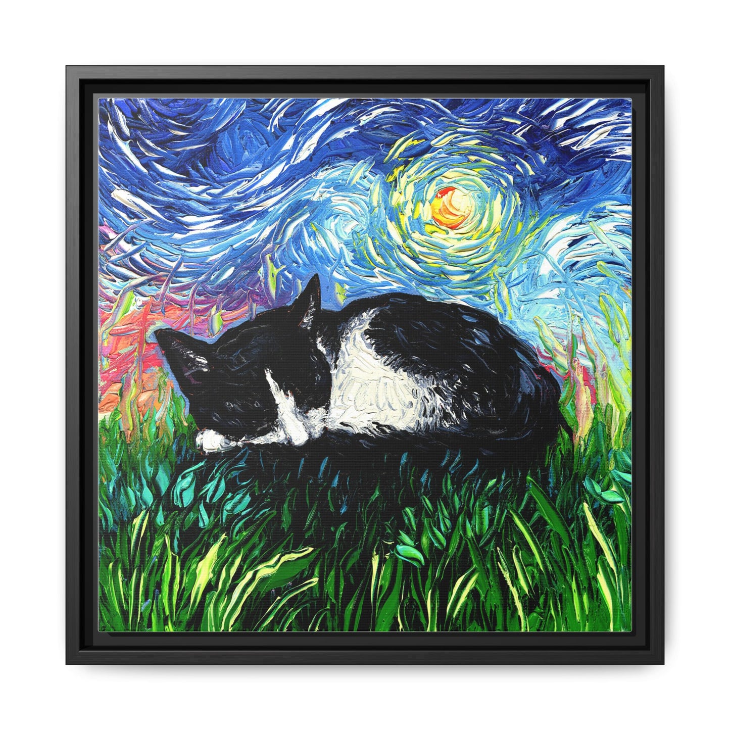 "Sleepy Tuxedo Kitten" Framed Canvas Wall Art