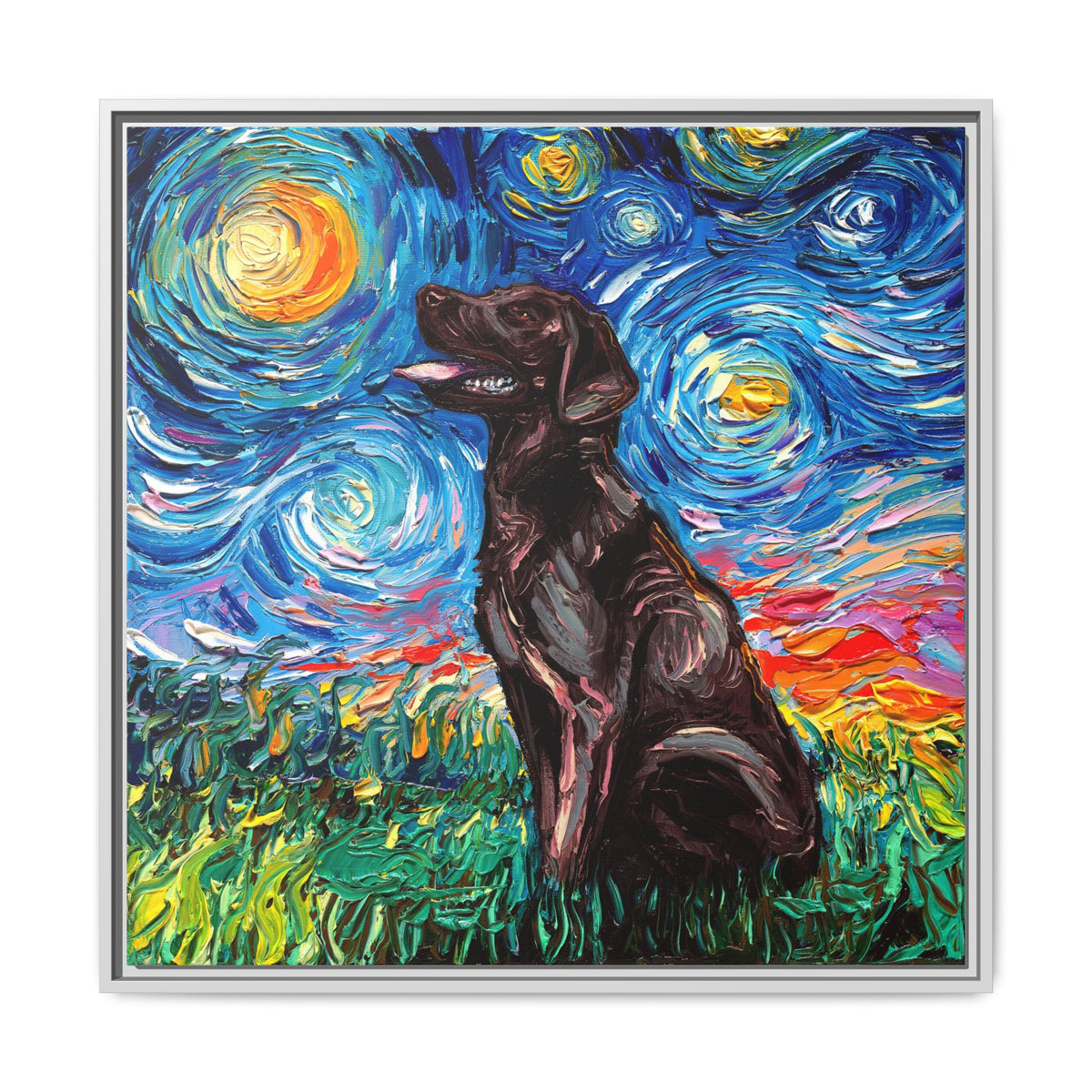 "Chocolate Labrador Night" Framed Canvas Wall Art