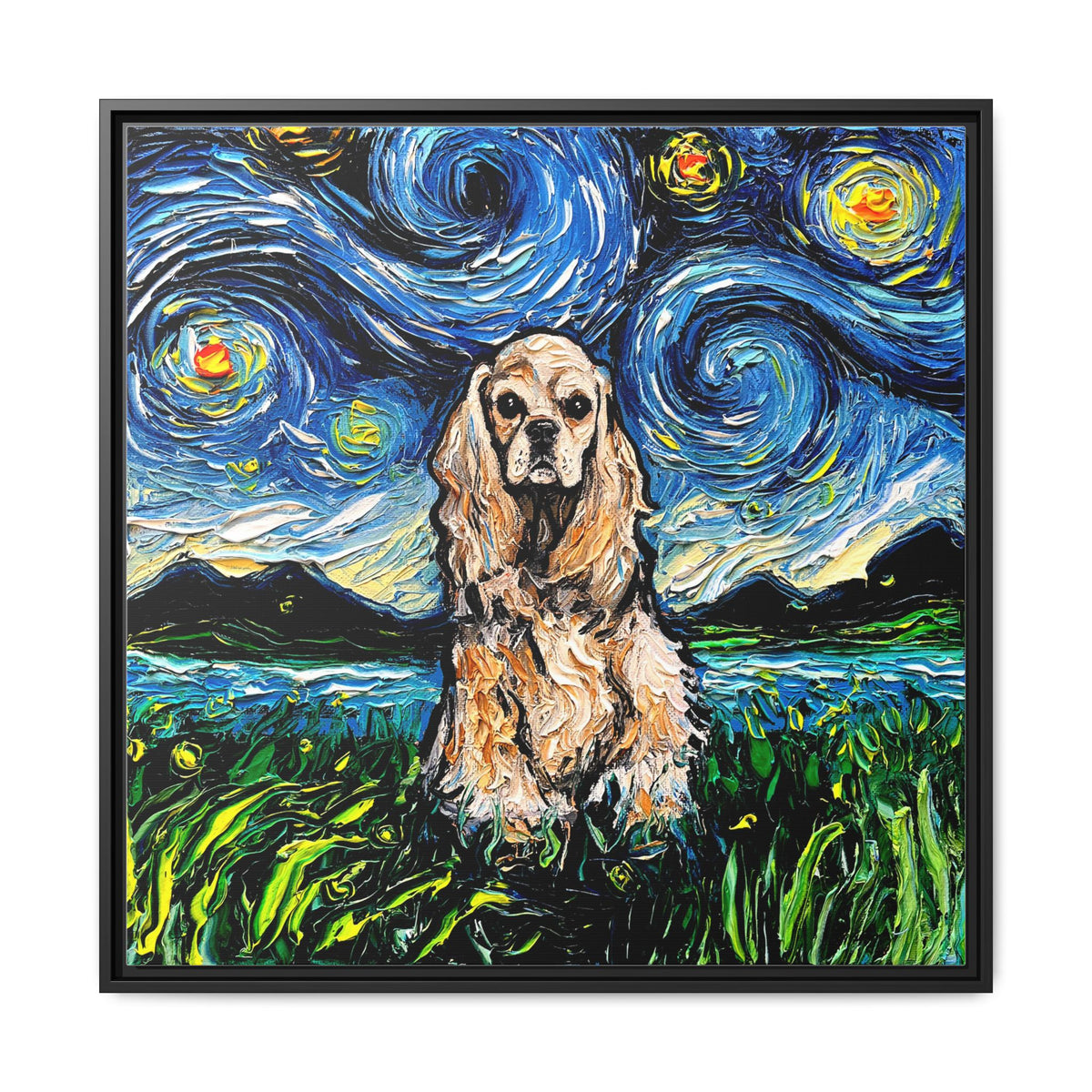 "Buff American Cocker Spaniel Night" Framed Canvas Wall Art