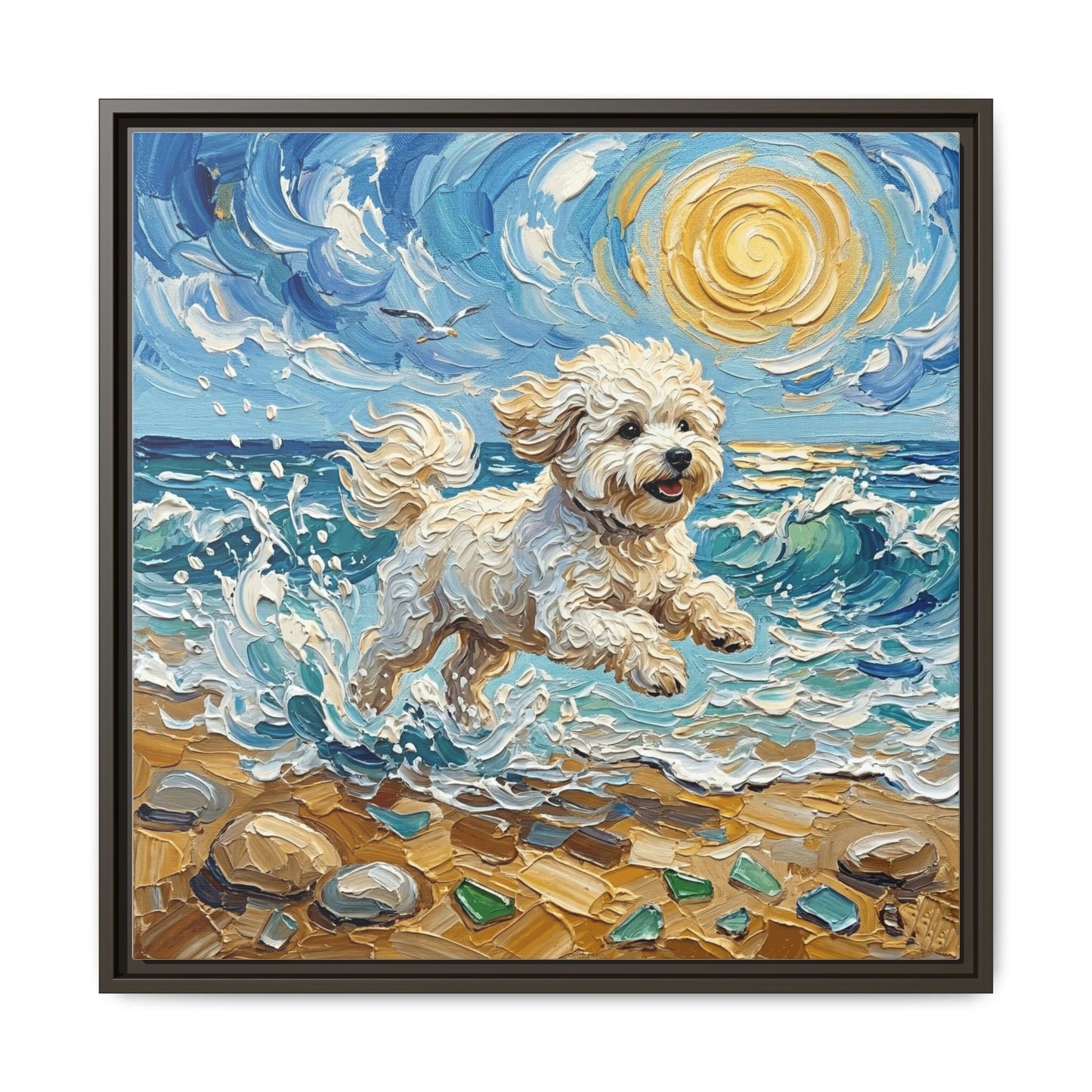 "Beach Day - Bichon Frise" Framed Canvas Wall Art