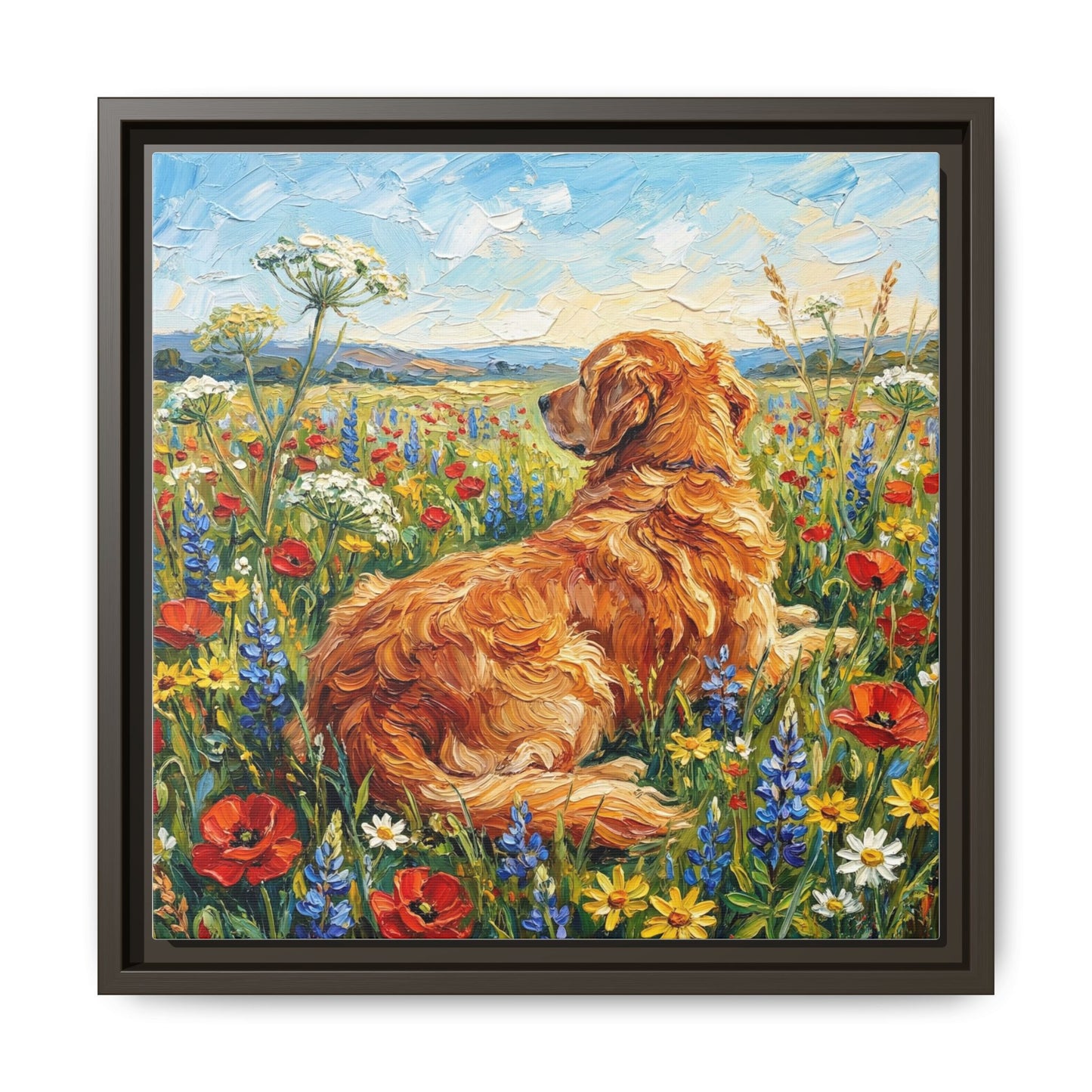 "Amongst The Flowers - Golden Retriever" Framed Canvas Wall Art