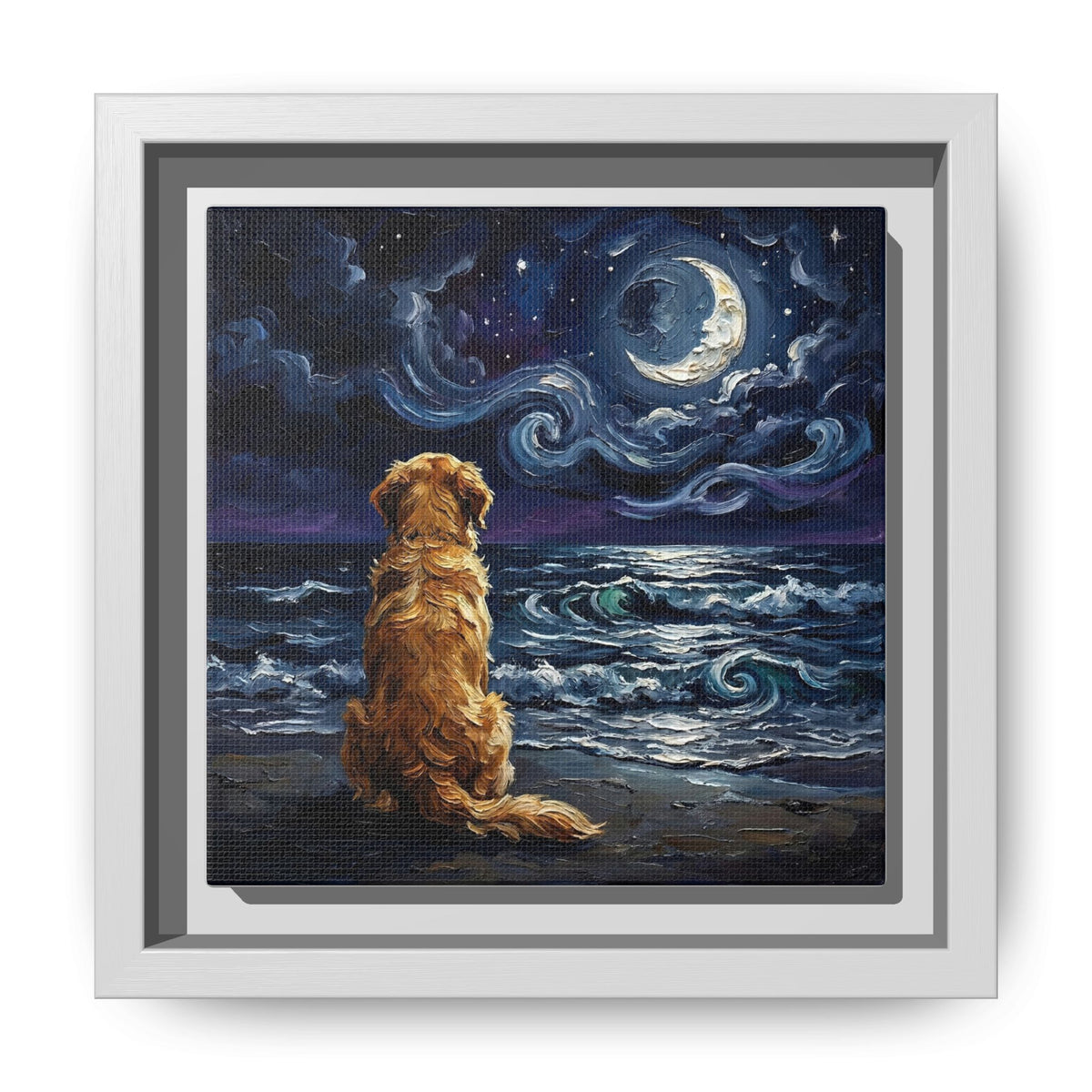 "Beach Night - Golden Retriever" Framed Canvas Wall Art