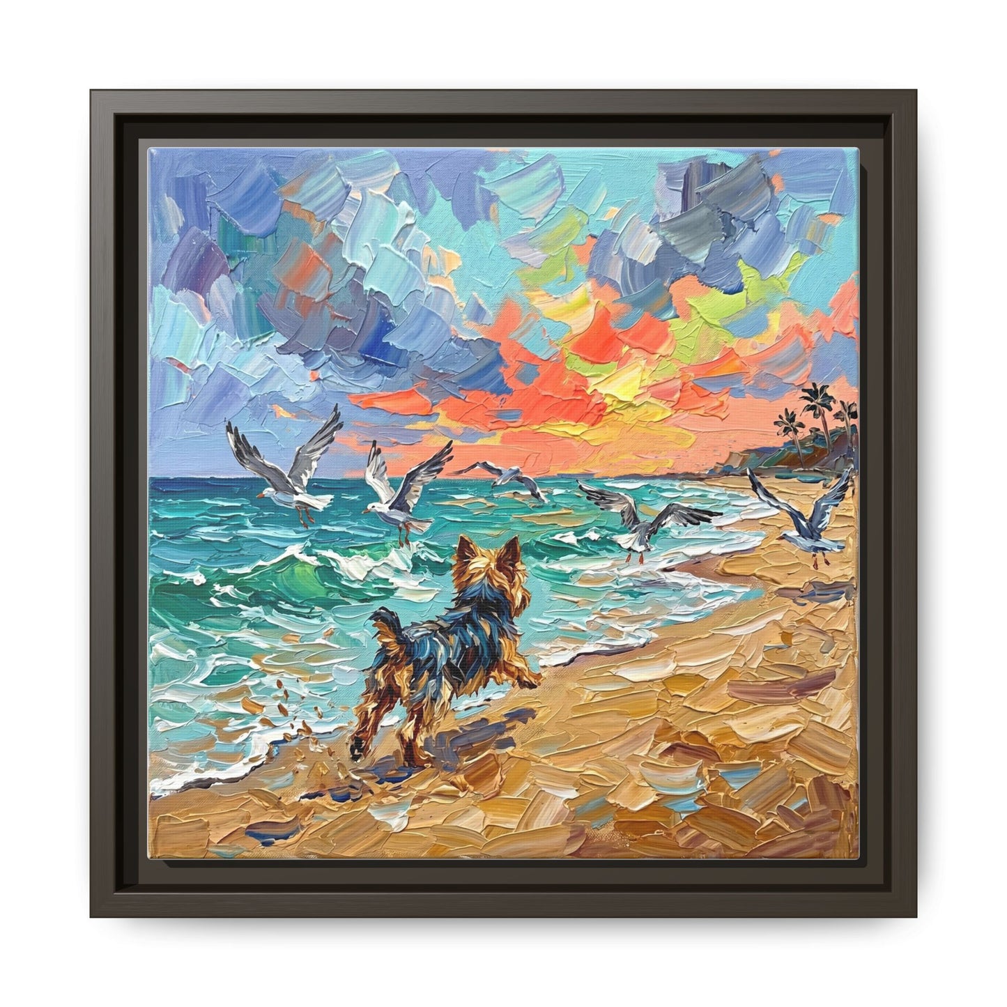"Beach Day - Yorkie 2" Framed Canvas Wall Art