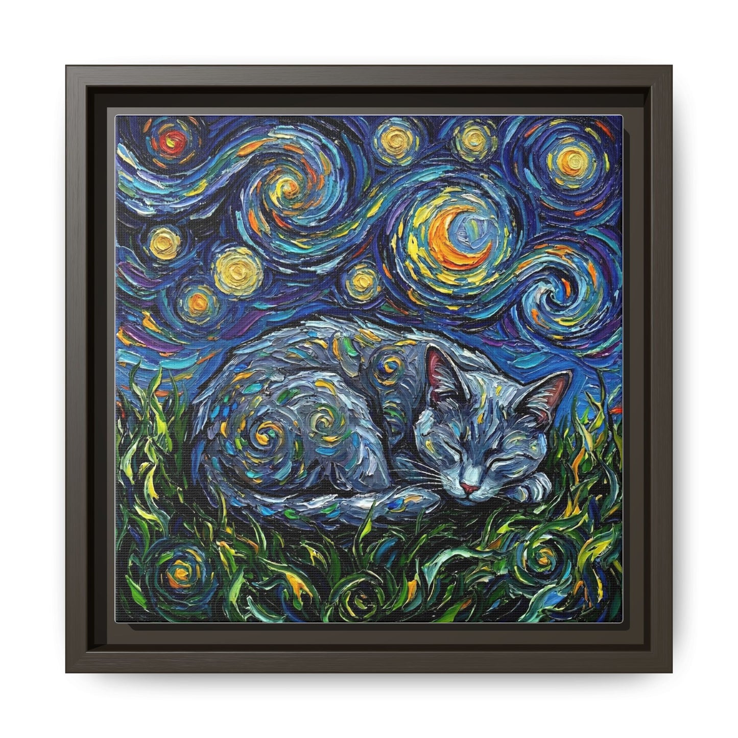 "Sleepy Korat Cat Night" Framed Canvas Wall Art